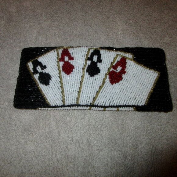 Vintage BEADED Aces EYEGLASS Pouch CASE Poker LINED Novelty GORGEOUS Handmade - Picture 1 of 9